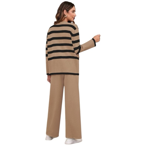 Viottiset Tan & Black Striped Lounge 2 Piece Set XL Button Top & Wide Leg Pants - Picture 7 of 10